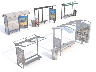 Various Public Bus Shelter Designs with Roofs Seats Advertising Boards and Trash Bins 3d model