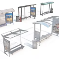 Various Public Bus Shelter Designs with Roofs Seats Advertising Boards and Trash Bins