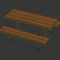 Outdoor Table With Striped Wooden Tabletop Metal Frame And Matching Bench For Outdoor Use
