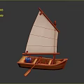Wooden Toy Sailboat With White Sail Blue Cargo Oar And Reflection On Dark Surface