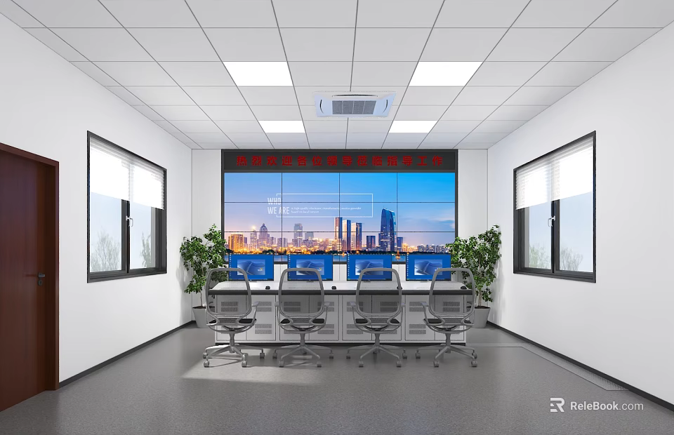 Modern Monitoring Room With Large Screen Multiple Computers Office Desks Chairs Windows And Green Plants 3d model 