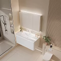 Modern Bathroom Interior With Lighted Cabinet White Vanity Toilet And Green Plants