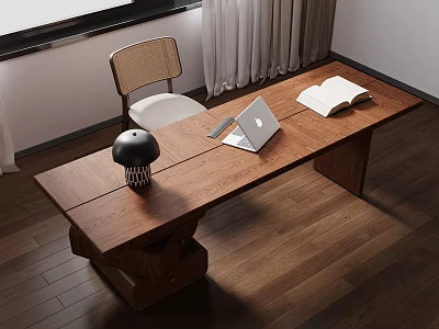 Wooden Writing Desk With Laptop Open Book Table Lamp And Chair In Modern Study Room 3d model