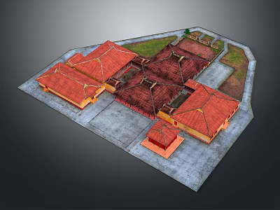 Traditional Chinese Courtyard Building Complex 3D Model With Red Roofs And Central Courtyard 3d model
