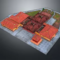 Traditional Chinese Courtyard Building Complex 3D Model With Red Roofs And Central Courtyard