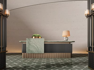 Elegant Modern Reception Desk Interior With Marble Countertop Table Lamp And Potted Plant 3d model