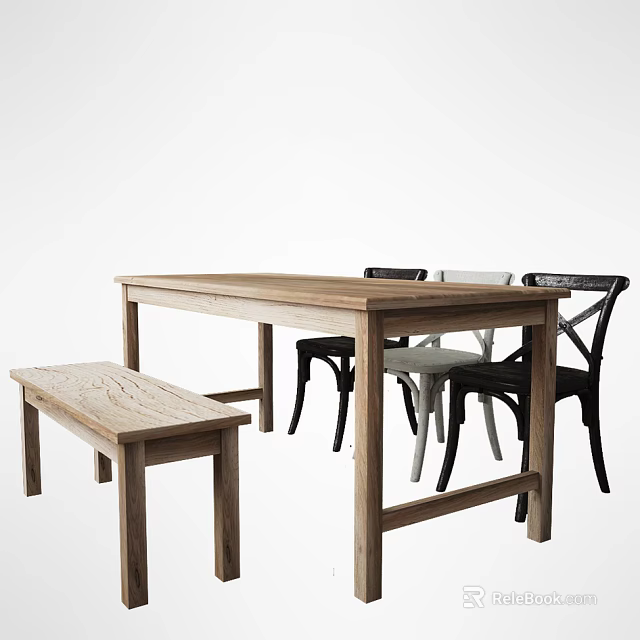 Wooden Dining Table Set with Bench and Black White Cross Back Chairs in Simple Style 3d model 