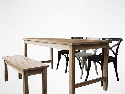 Wooden Dining Table Set with Bench and Black White Cross Back Chairs in Simple Style 3d model