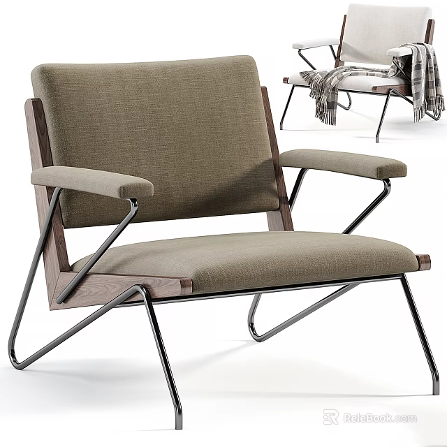 Modern Armchair With Wooden Frame Linen Fabric Seat Metal Legs And Armrests Design 3d model 