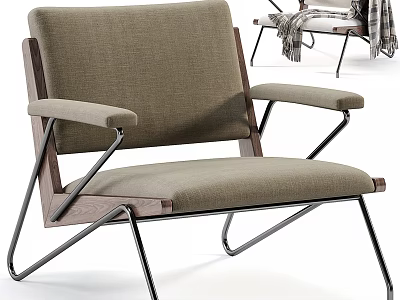 Modern Armchair With Wooden Frame Linen Fabric Seat Metal Legs And Armrests Design 3d model