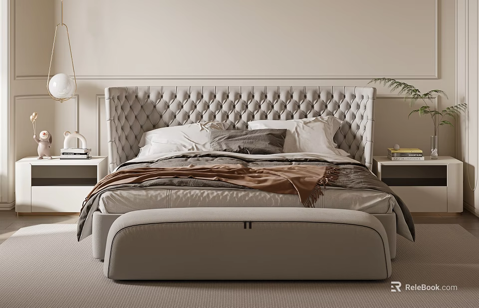 Modern Style Double Bed With Tufted Headboard Bench Nightstands Table Lamp Plant And Light Tones 3d model 
