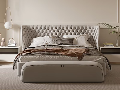 Modern Style Double Bed With Tufted Headboard Bench Nightstands Table Lamp Plant And Light Tones 3d model