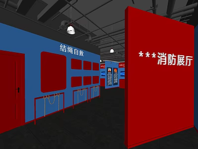 Fire Safety Exhibition Hall Featuring Rope Rescue Training Blue Walls And Red Entrance 3d model