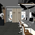 Modern Public Office Space With White Desks Computers Black Chairs Pendant Lights And Large Windows