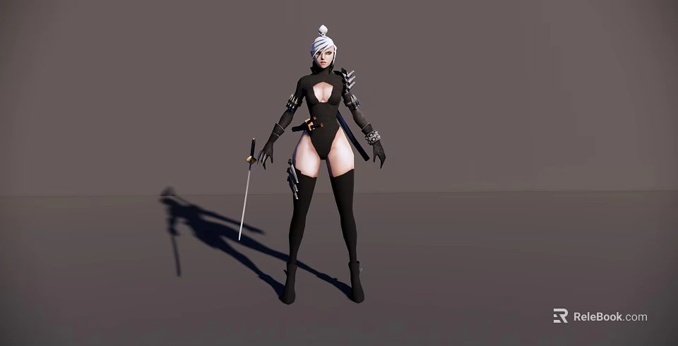 A Woman With White Hair In Black Tight Outfit Holding A Sword Standing 3d model 