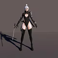 A Woman With White Hair In Black Tight Outfit Holding A Sword Standing