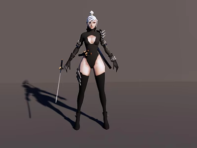A Woman With White Hair In Black Tight Outfit Holding A Sword Standing 3d model