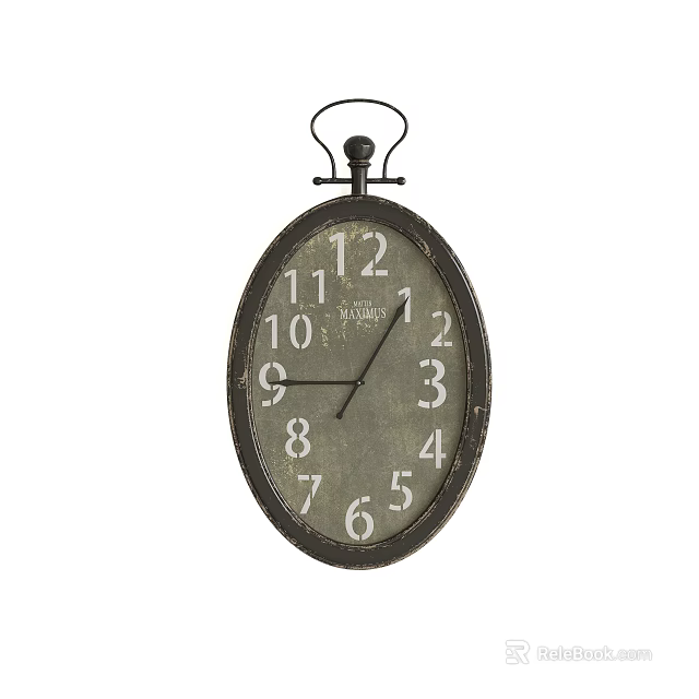 Vintage Oval Wall Clock With Gray Dial White Numbers And Hanging Hook 3d model 