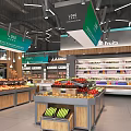 Modern Supermarket Interior With Fruit Vegetable Sections Grain Oil Green Signage And Wooden Decor
