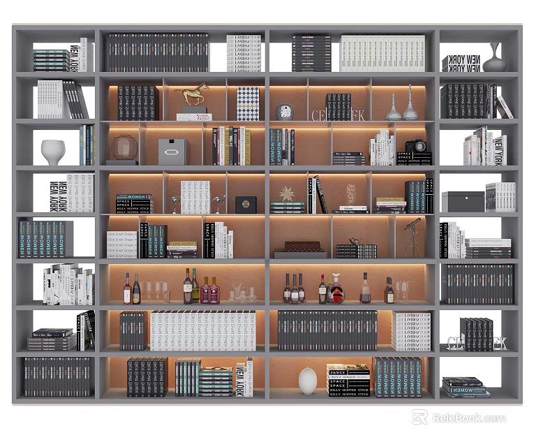Modern Bookcase With Multiple Shelves Books Decorative Items Wine Glasses And Bottles 3d model 