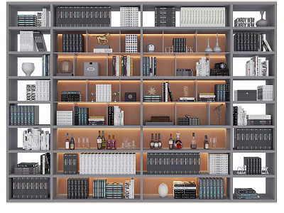 Modern Bookcase With Multiple Shelves Books Decorative Items Wine Glasses And Bottles 3d model