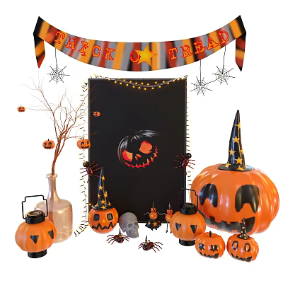 Halloween Decor Display With Trick Or Treat Banner Pumpkin Lanterns Spider Witch Hat And Skull 3d model