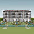 Modern Multi Story Residential Building Exterior With Glass Windows Balconies And Landscaped Water Feature Garden