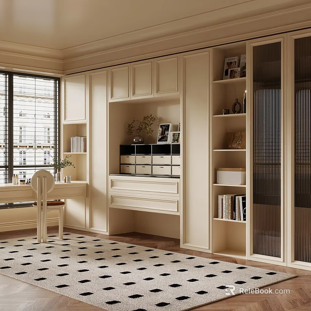 Elegant Walk in Closet Interior With White Cabinets Open Shelves Window And Rug 3d model 
