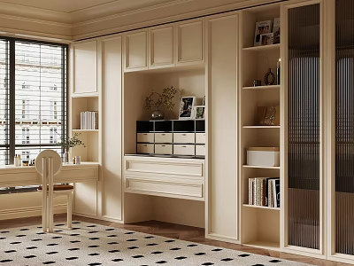 Elegant Walk in Closet Interior With White Cabinets Open Shelves Window And Rug 3d model