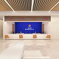 Government Service Hall Interior With Waiting Chairs Service Counter Digital Screens And Signs