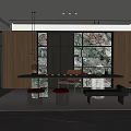 Modern Open Tea Room Interior Design With Wooden Shelves And Hanging Lights