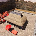 Traditional Japanese Tea House With Thatched Roof Red Tables Umbrella And Maple Trees