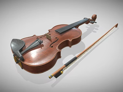 Vintage Wooden Violin With Bow And Brown Body For Musical Performance 3d model