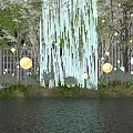 Stylish Garden Ornament Design With Hanging White Strips Round Lights And Water Reflections