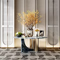 Elegant Console Table With Round Marble Top Metal Legs Decorative Yellow Flowers And Louvered Panels