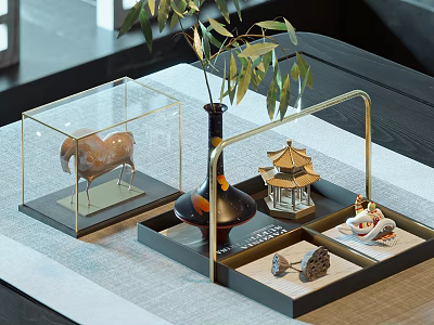 Elegant Decorative Ornament Set With Transparent Display Case Vase Pagoda Figurine On Tray 3d model