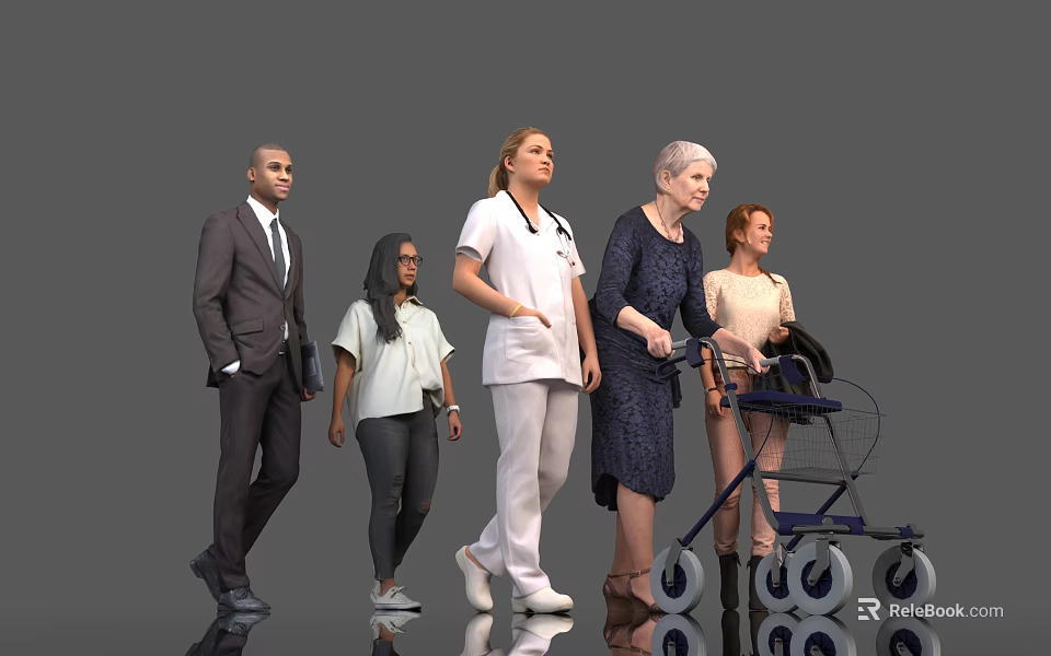 Diverse Group Of People Including Doctor Businessman Elderly Woman And Young Adults Walking Together 3d model 