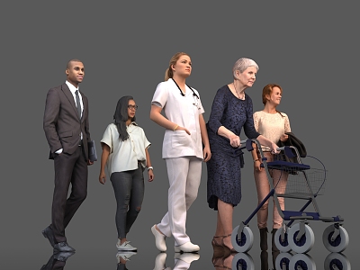 Baby carriage, four-wheeled car, old lady, nurse, escort crowd, many people, team, man, woman, suit, atmosphere, scene, model, figure 3d model