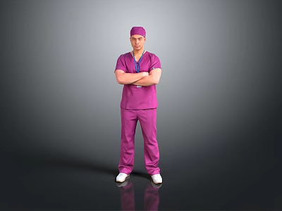 Full Length Portrait Of Man In Purple Scrubs And Surgical Cap Standing With Arms Crossed 3d model