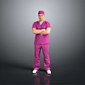 Full Length Portrait Of Man In Purple Scrubs And Surgical Cap Standing With Arms Crossed