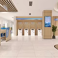 Modern Hotel Lobby With Large Blue Digital Screen Blue Sofas Wooden Decor And Green Plants