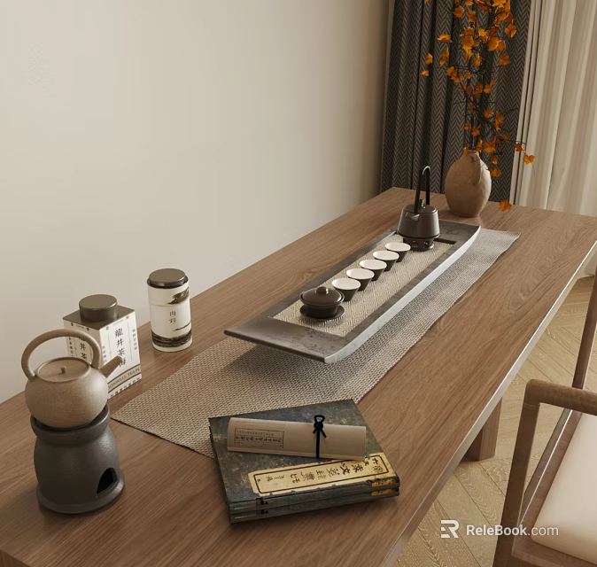 Traditional Tea Set With Wooden Tray Teacups Teapot And Canisters On Table 3d model 