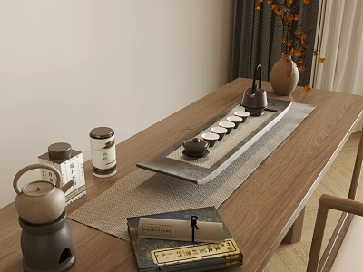 Traditional Tea Set With Wooden Tray Teacups Teapot And Canisters On Table 3d model