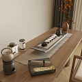 Traditional Tea Set With Wooden Tray Teacups Teapot And Canisters On Table