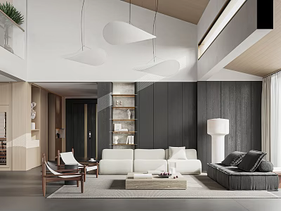 Modern Duplex Living Room Interior With White Sofa Gray Seating Wooden Accents And Pendant Lights 3d model