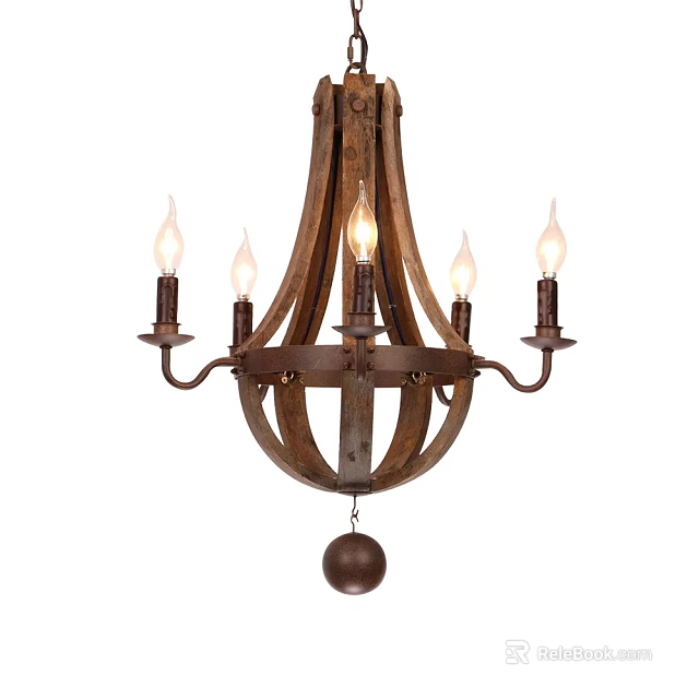 Rustic Vintage Wooden Chandelier with Candle Shaped Bulbs and Metal Frame 3d model 