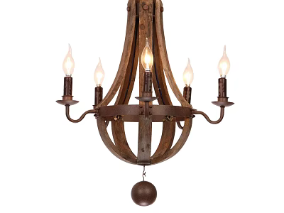 Rustic Vintage Wooden Chandelier with Candle Shaped Bulbs and Metal Frame 3d model