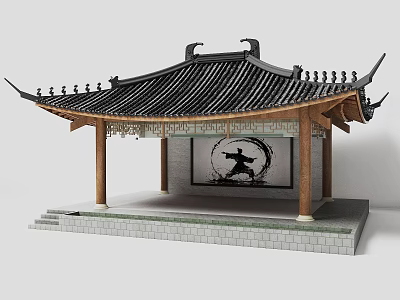 Traditional Chinese Pavilion Architecture Featuring Curved Roof And Circular Martial Arts Artwork 3d model