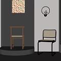 Stylish Leisure Chairs Wooden And Metal Frames With Woven Seat Gray Wall Decorative Painting Wall Lamp