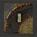 Yellow Racing Car On Curved Track With Yellow Black Barriers And Colorful Curbs